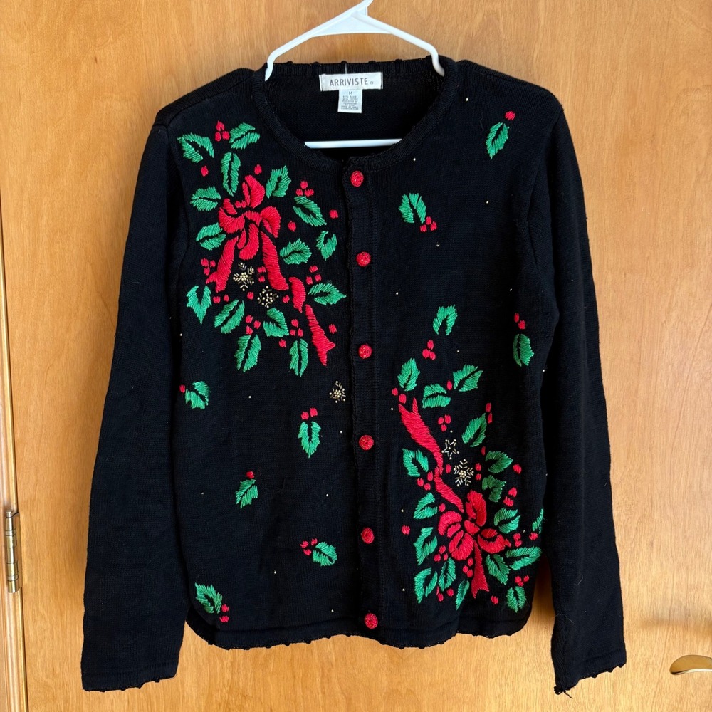 Arriviste Black‎ Christmas Holiday Cardigan Sweater Womens M Ribbon Holly